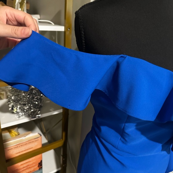 Aidan Mattox Ruffled One Shoulder Sapphire Blue Cocktail Midi Dress size 14 - Picture 8 of 11